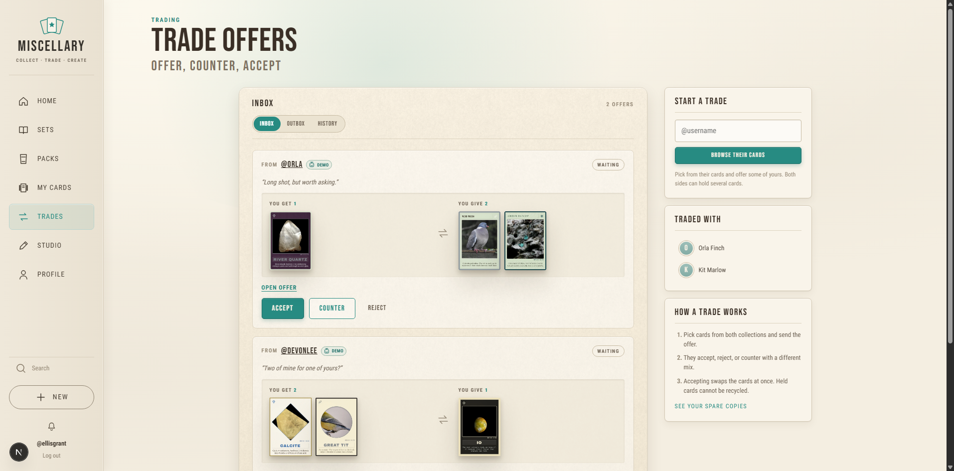 Miscellary trade offers between collectors