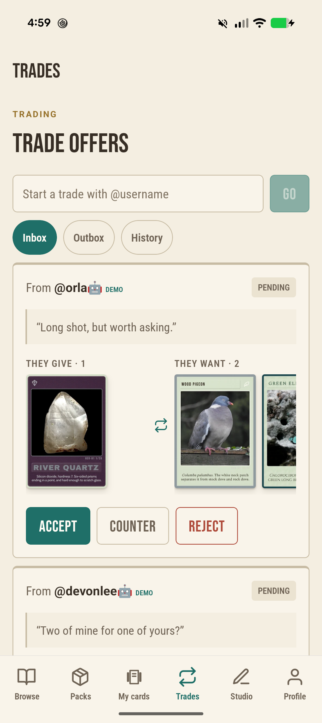 Miscellary mobile Trades screen