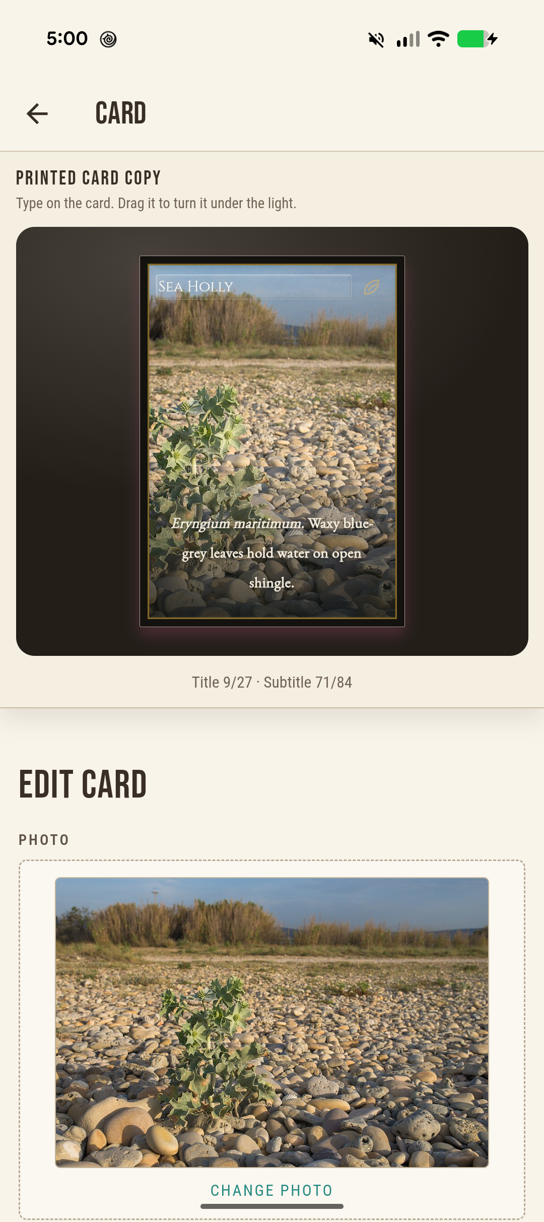 Miscellary mobile Sea Holly card editor