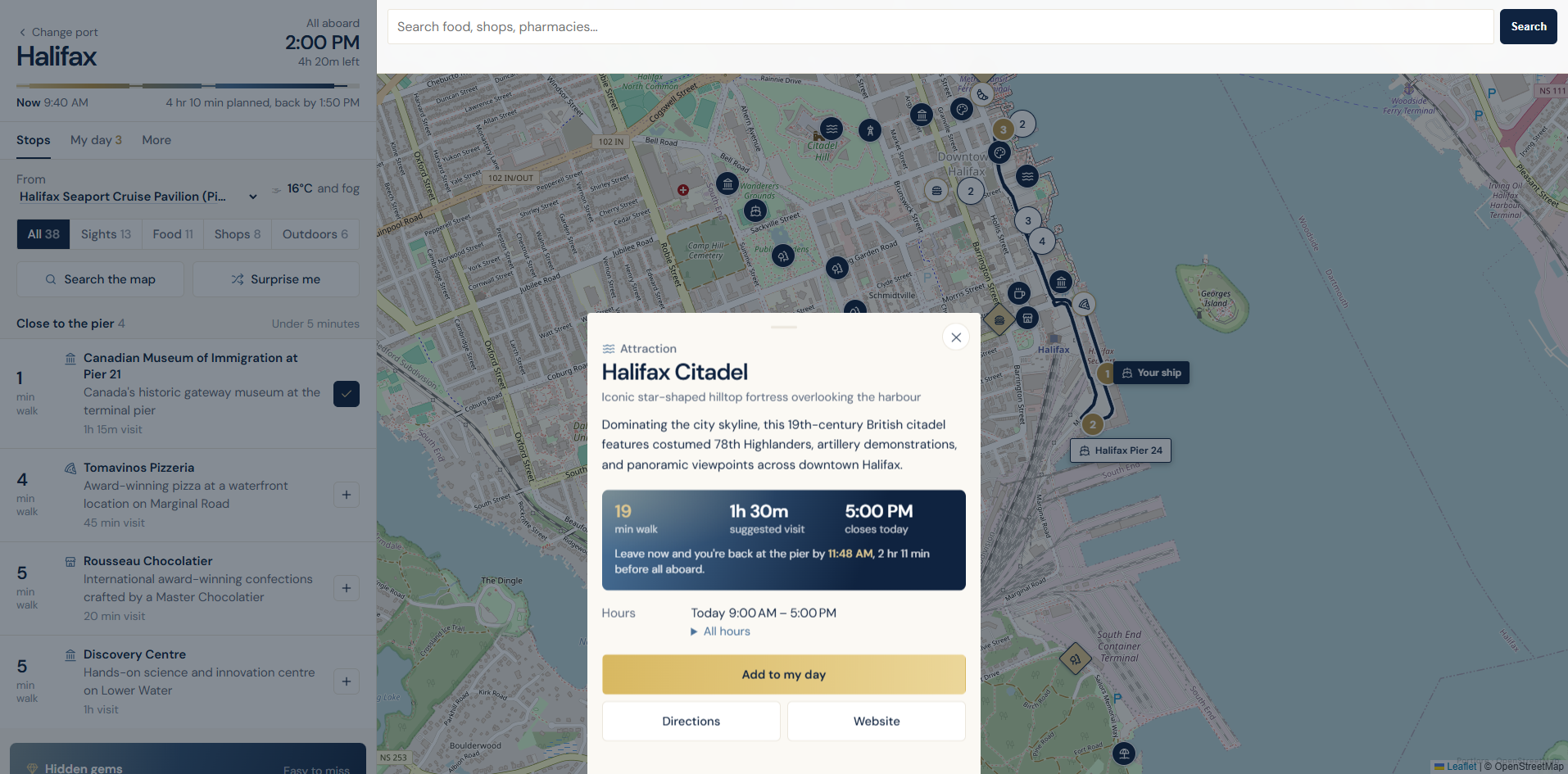 Portlore desktop stop details over the guide map