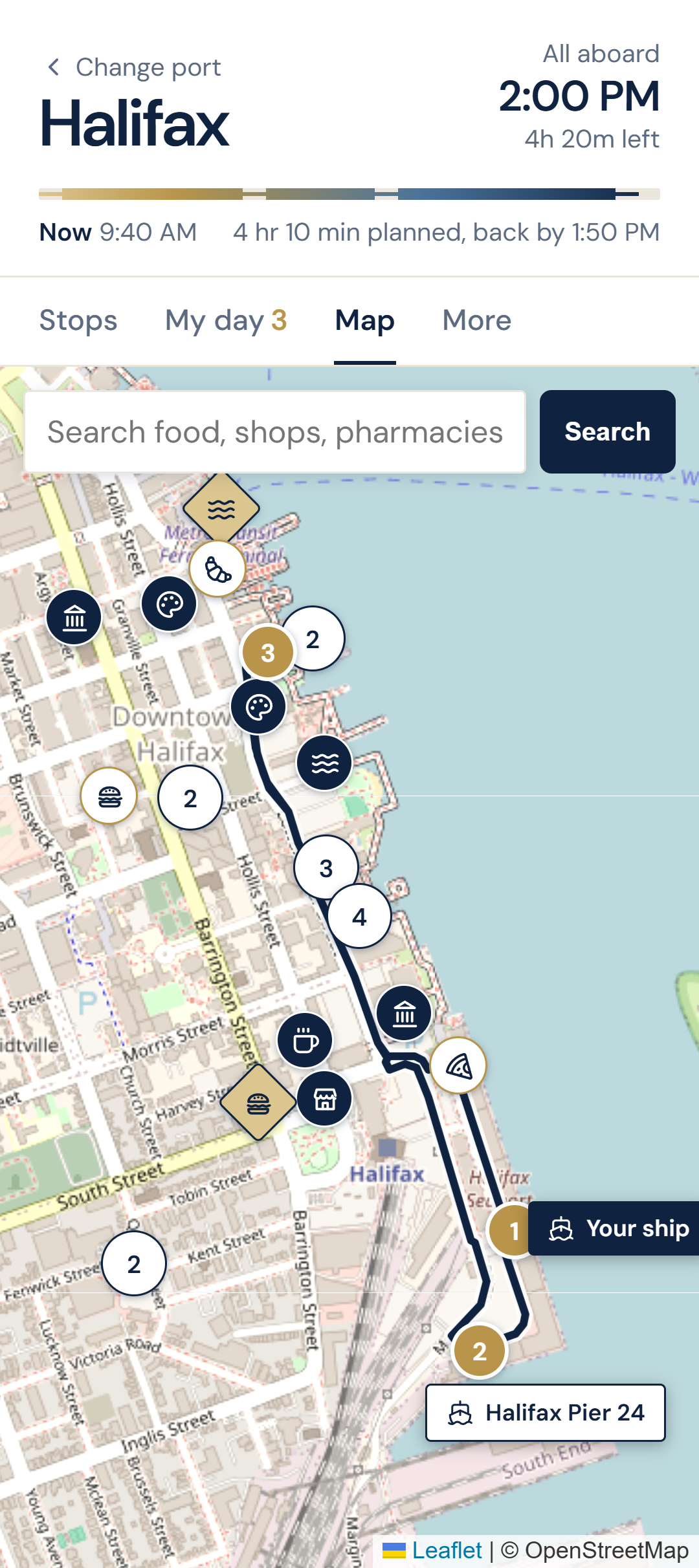 Portlore mobile map with the planned walking route