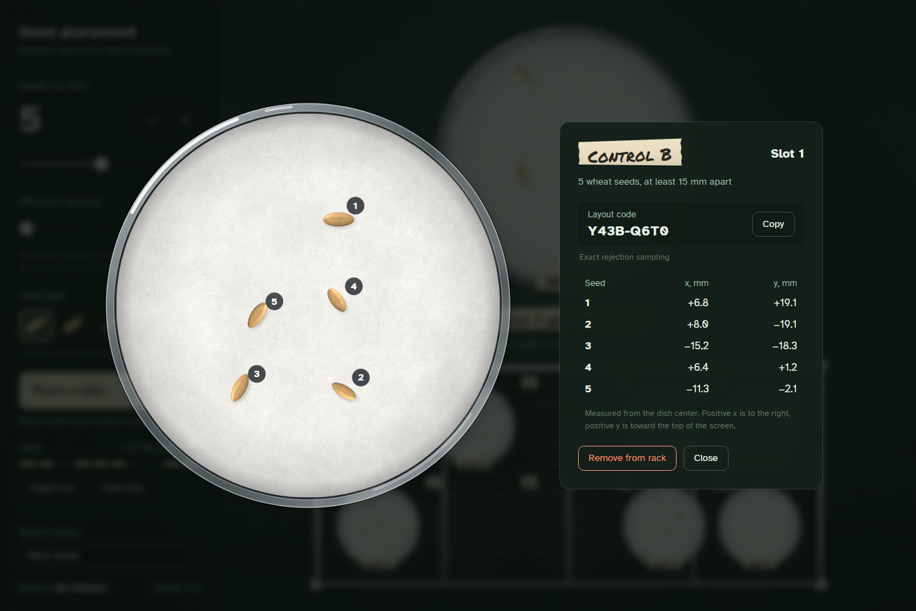 Seed Placement Randomizer dish inspector with seed coordinates and layout code