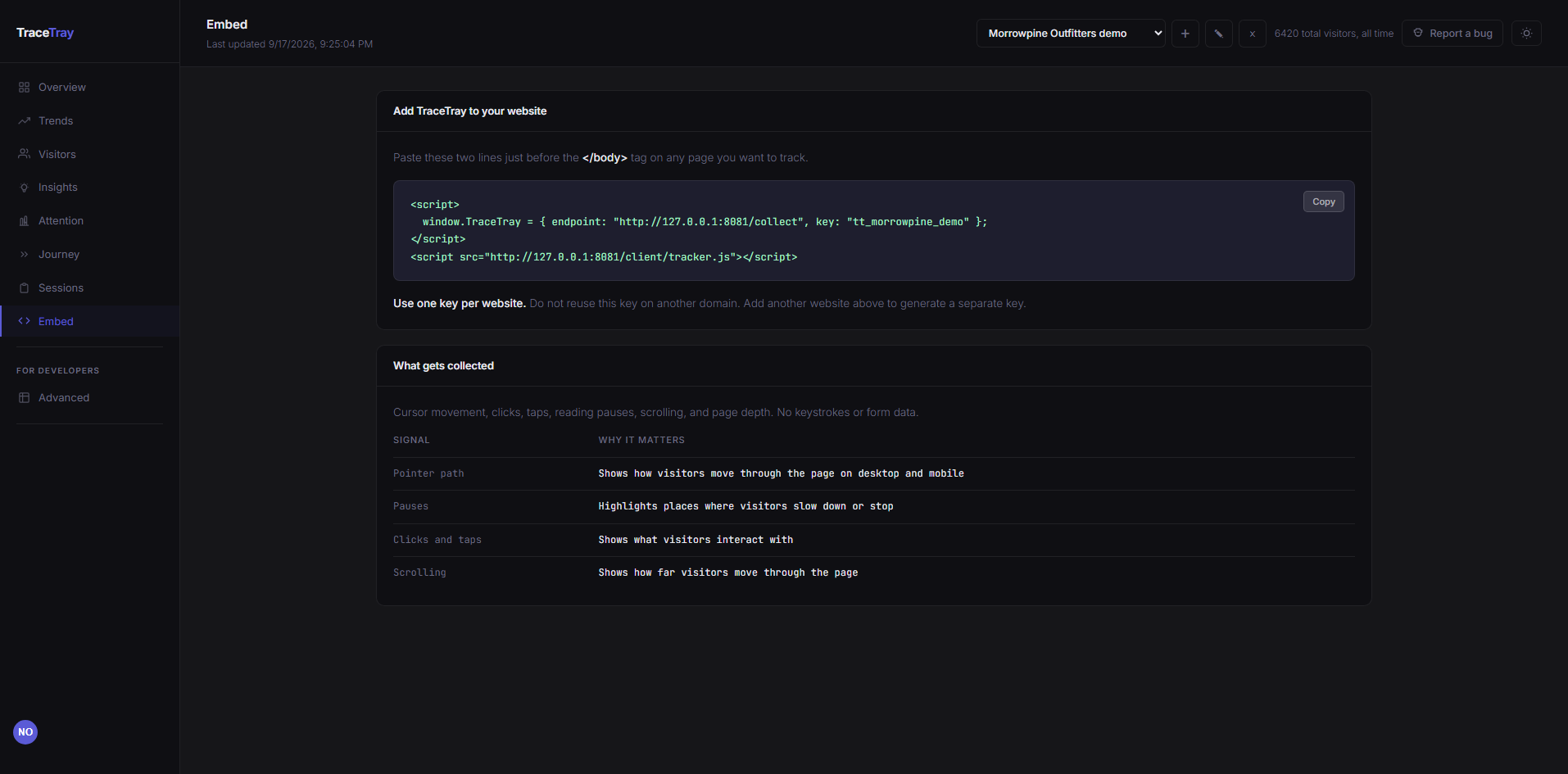 TraceTray tracker embed setup shown in dark mode
