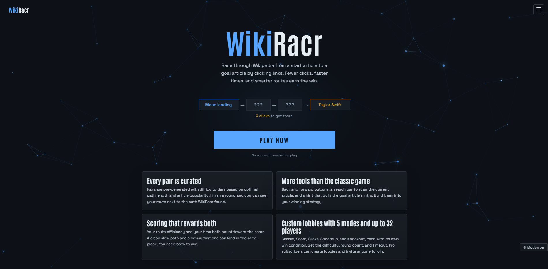 WikiRacr home screen